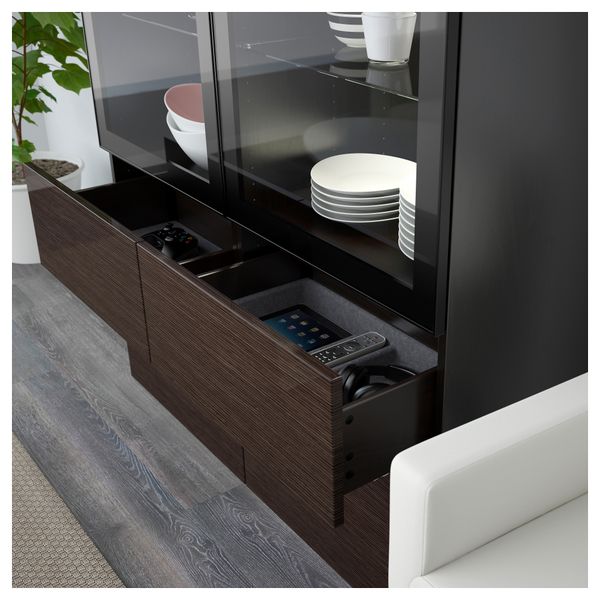 Комбинация для хранения со стеклянными дверцами БЕСТО, черно-коричневый, Сельсвикен глянцевый/коричневый прозрач стекло - схема-чертеж с размерами