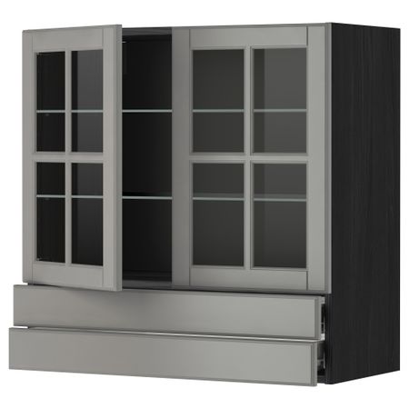 Навесной шкаф, 2 стеклянные дверцы, 2 ящика МЕТОД / ФОРВАРА, черный, Будбин серый