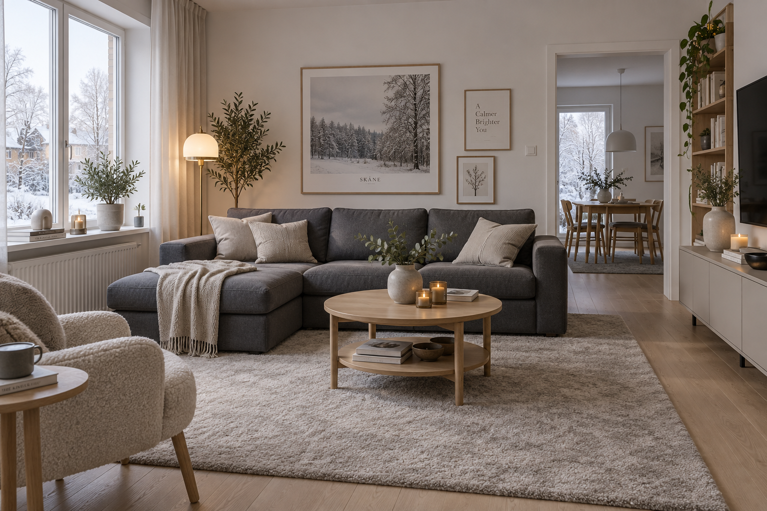 Скандинавская гостиная 18 м² к зиме: тёмно-серый диван VIMLE на ковре STOENSE, торшер ÅRSTID с латунной стойкой у окна, зимни