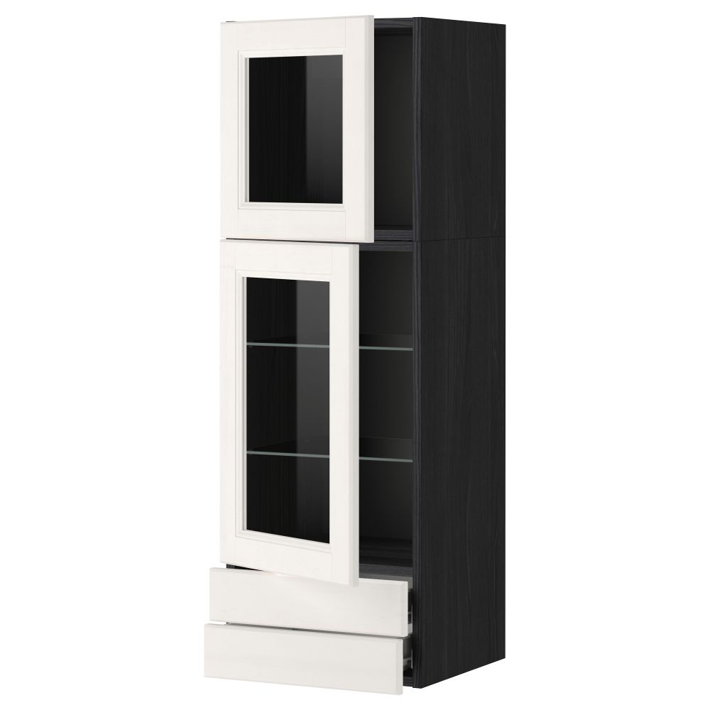 Навесной шкаф, 2 стеклянные дверцы, 2 ящика МЕТОД / ФОРВАРА, черный, Лаксарби белый - фото 1