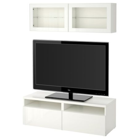 Шкаф для ТВ, комбинированный, стекляные дверцы БЕСТО, белый, Сельсвикен глянцевый/белый прозрачное стекло (120x20/40x166 см)