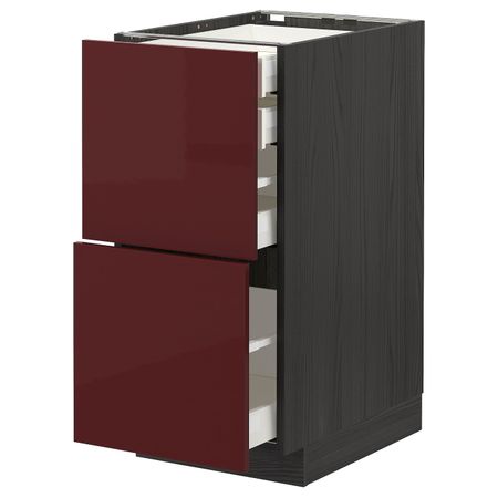 Напольный шкаф 2 фронтальные панели, 2 нижних, 1 средний, 1 высокий ящ, черный Калларп/глянцевый темный красно-коричневый 40x60