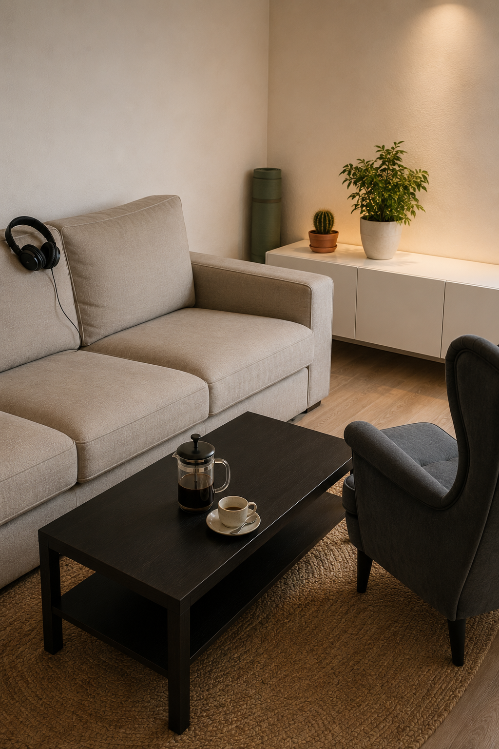 Четыре предмета IKEA для гостиной: диван KIVIK, кресло STRANDMON, тумба BESTÅ и стол LACK