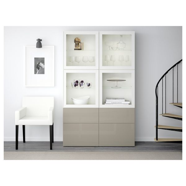 Комбинация для хранения со стеклянными дверцами БЕСТО, белый, Сельсвикен глянцевый/бежевый прозрачное стекло (120x40x192 см) - фото 2