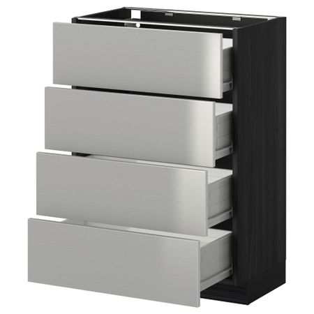 Напольный шкаф 4 фронтальных панели, 4 ящика МЕТОД / ФОРВАРА, черный, Гревста нержавеющ сталь