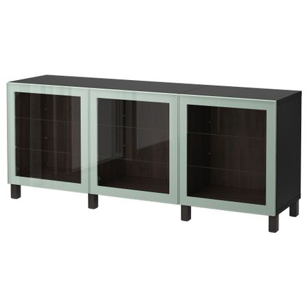 Комбинация для хранения с дверцами БЕСТО, черно-коричневый Глассвик, глянцевый/серо-зеленый светлый прозрачное стекло (180x40x74