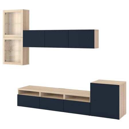 Шкаф для ТВ, комбинированный, стекляные дверцы, под беленый дуб, Нотвикен синий, 300x42x211 см IKEA БЕСТО 393.007.24