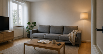 Скандинавская гостиная 18 м² с серым диваном IKEA SÖDERHAMN, светлый дубовый пол, минималистичный интерьер