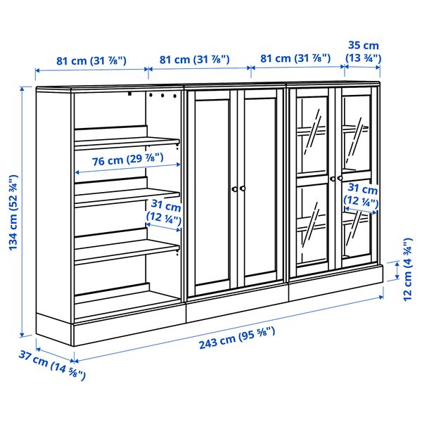 Комбинация для хранения с стеклянная дверцы, 243x37x134 см, серый IKEA HAVSTA ХАВСТА 792.660.30 - схема-чертеж с размерами