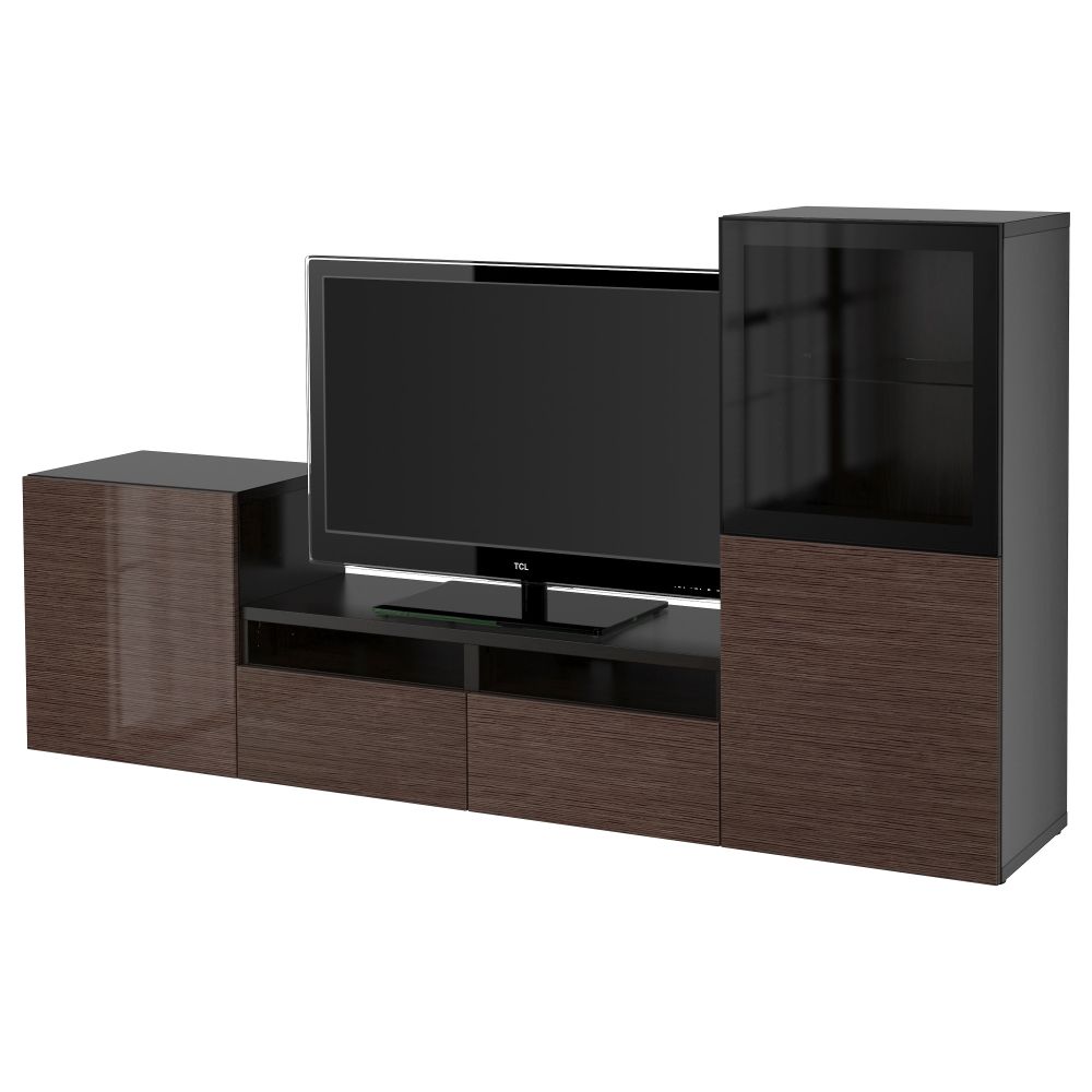 Шкаф для ТВ, комбинированный, стекляные дверцы БЕСТО, черно-коричневый, Сельсвикен глянцевый/коричневый прозрач стекло - фото 1