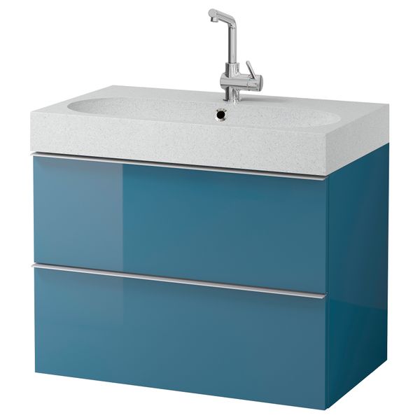 Шкаф для раковины с 2 ящиками ГОДМОРГОН / БРОВИКЕН, глянцевый бирюзовый, светло-серый (80x49x68 см) - фото 1