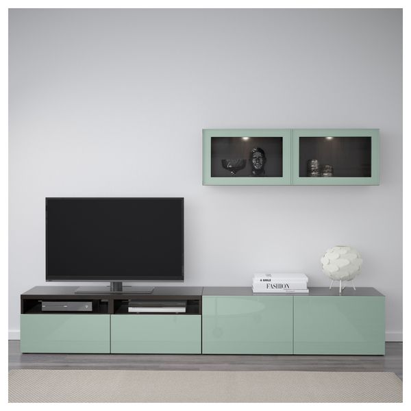 Шкаф для ТВ, комбинированный, стекляные дверцы БЕСТО, черно-коричневый Сельсвикен, глянцевый/серо-зеленый светлый прозрачное - фото 2