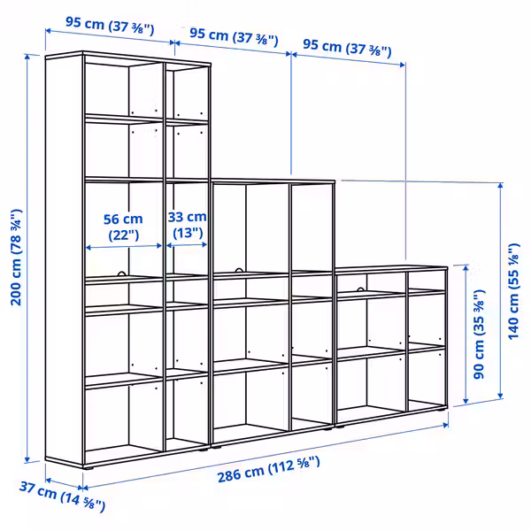VIHALS Комбинация стеллажей - темно-серый 286x37x200 см - схема-чертеж с размерами