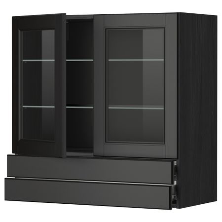 Навесной шкаф, 2 стеклянные дверцы, 2 ящика МЕТОД / ФОРВАРА, черный, Лаксарби черно-коричневый