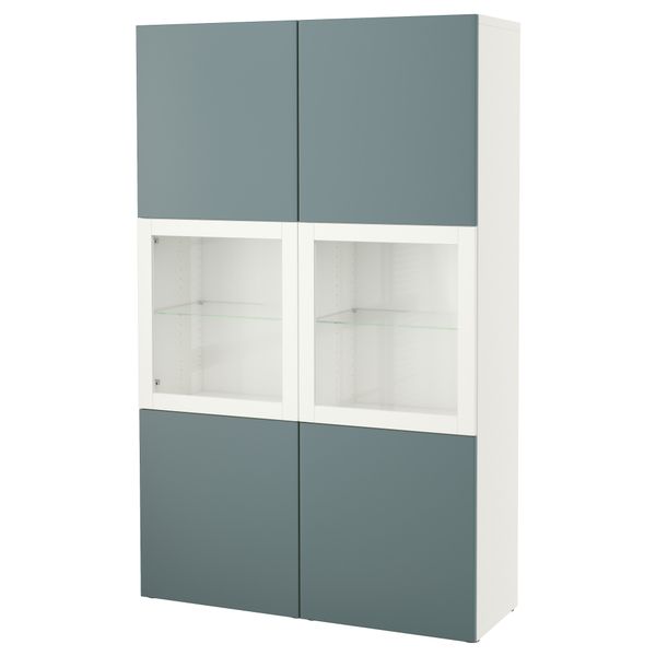 Комбинация для хранения со стеклянными дверцами БЕСТО, белый, Вальвикен серо-бирюзовый, прозрачное стекло - фото 1