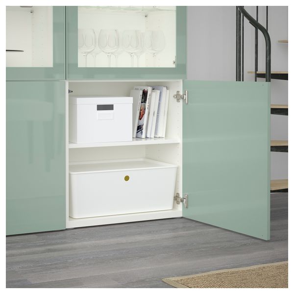 Комбинация для хранения со стеклянными дверцами БЕСТО, белый Сельсвикен, глянцевый/серо-зеленый светлый прозрачное стекло - схема-чертеж с размерами