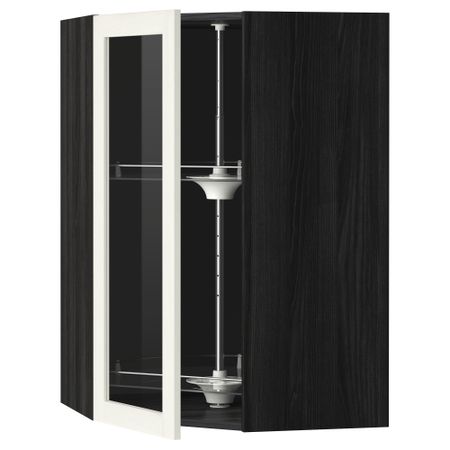 Угловой навесной шкаф с вращающающейся секцией, стеклянными дверцами МЕТОД, черный, Росдаль белый