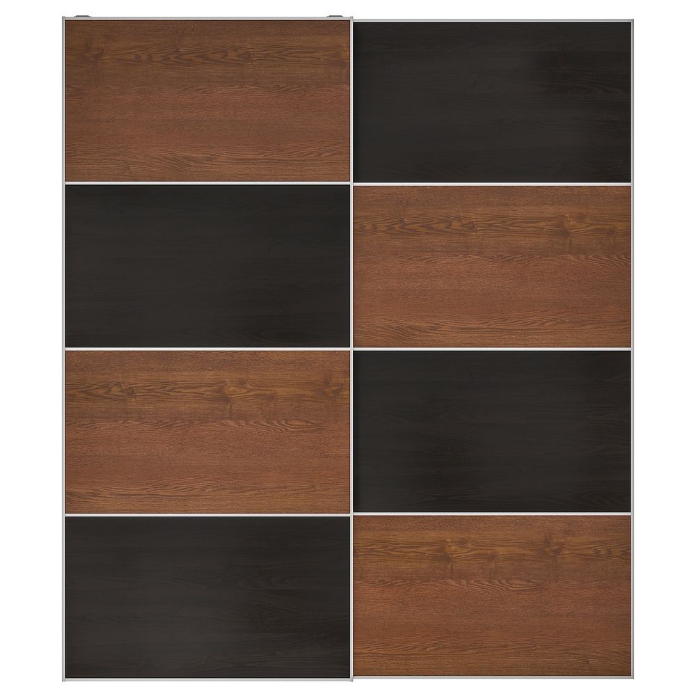 Пара раздвижных дверей, под мореный ясень, черно-коричневый/под коричневый мореный ясень 200x236 см IKEA MEHAMN МЕХАМН - фото 1