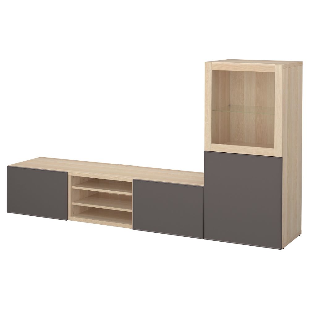 Шкаф для ТВ, комбинированный, стекляные дверцы БЕСТО, под беленый дуб Грундсвикен, темно-серый прозрачное стекло (240x40x128 см) - фото 1