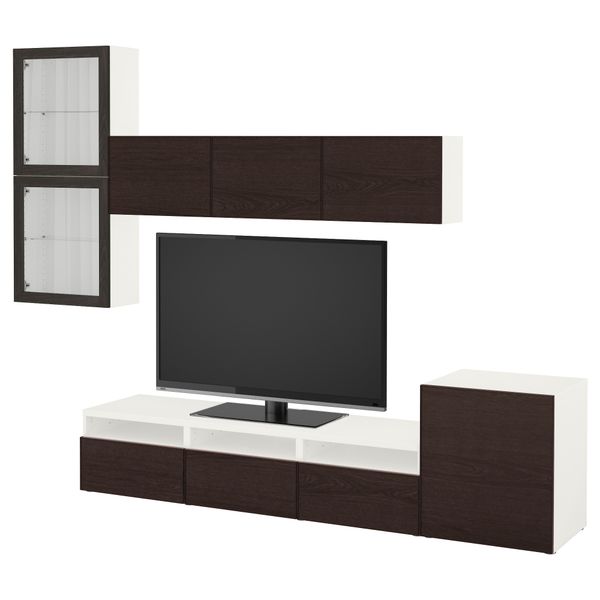 Шкаф для ТВ, комбинированный, стекляные дверцы БЕСТО, белый Синдвик, Инвикен черно-коричневый прозрачное стекло (300x20/40x211 - фото 1
