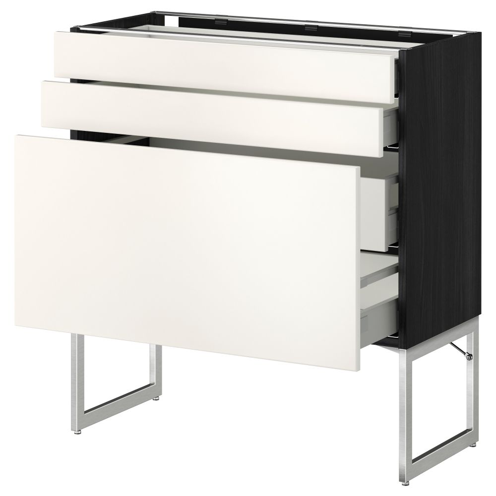 Напольный шкаф 3 фронтальных панели, 2 нижних, 2 средних ящика МЕТОД / МАКСИМЕРА, черный, Веддинге белый - схема-чертеж с размерами