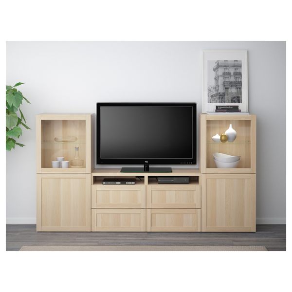 Шкаф для ТВ, комбинированный, стекляные дверцы БЕСТО, Ханвикен, Синдвик под беленый дуб, прозрачное стелко (240x40x128 см) - фото 2