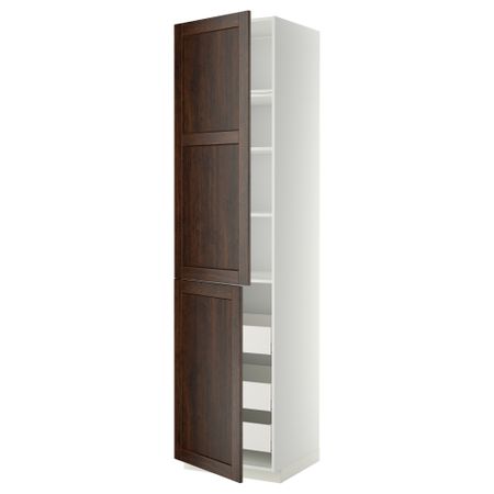 Высокий шкаф + полки, 3 ящика, 2 дверцы МЕТОД / МАКСИМЕРА, белый, Эдсерум коричневый