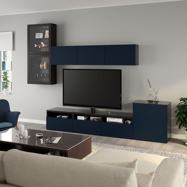 Шкаф для ТВ, комбинированный, стекляные дверцы, черно-коричневый, Нотвикен синий прозрачное стекло, 300x42x211 см IKEA БЕСТО - фото 2