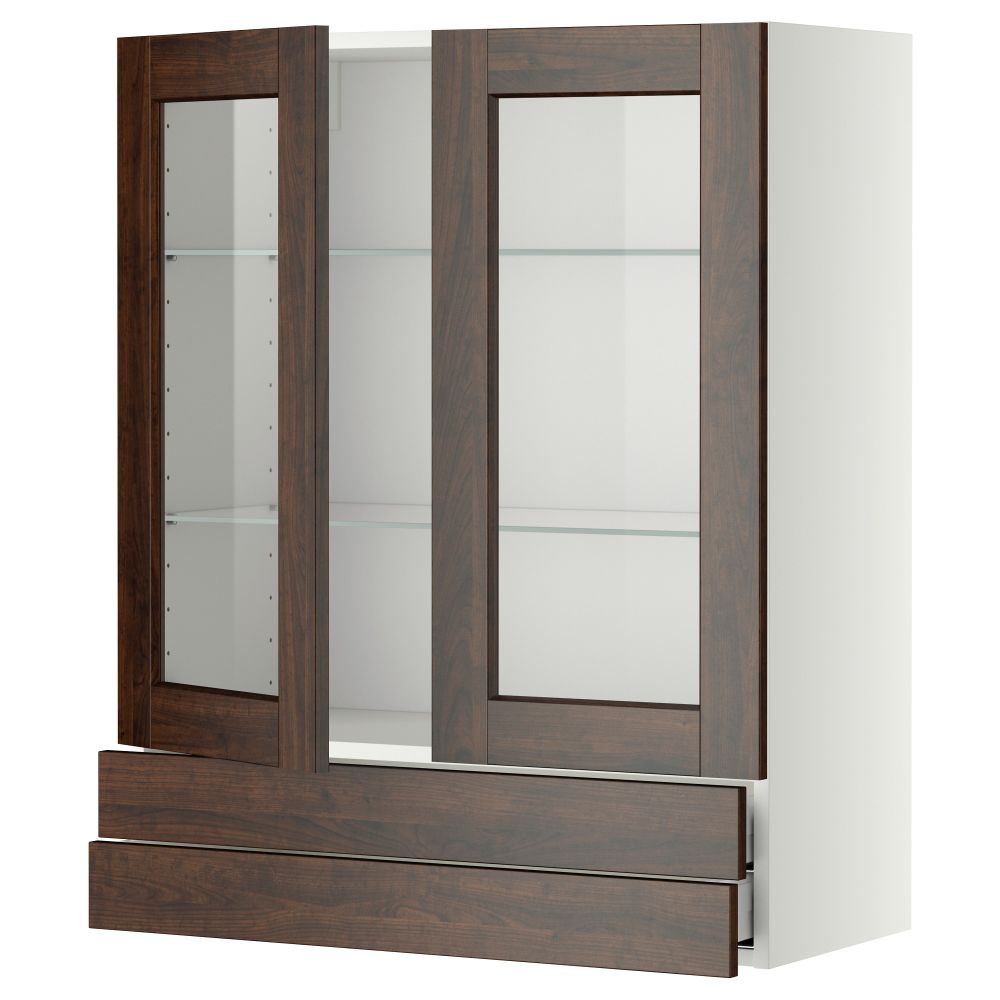Навесной шкаф, 2 стеклянные дверцы, 2 ящика МЕТОД / МАКСИМЕРА, белый, Эдсерум коричневый - фото 1