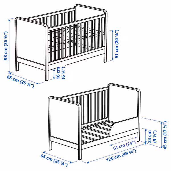 ÄLSKVÄRD Кроватка детская - береза/белый 60x120 см - схема-чертеж с размерами