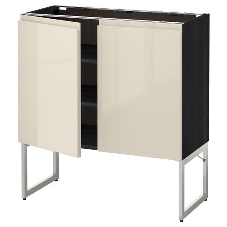 Напольный шкаф с полками, 2 двери МЕТОД, черный, Воксторп глянцевый светло-бежевый