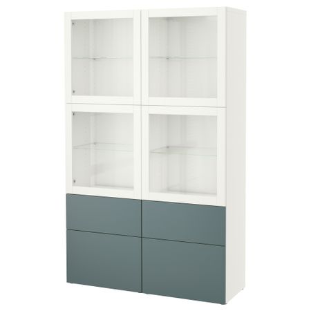 Комбинация для хранения со стеклянными дверцами БЕСТО, белый, Вальвикен серо-бирюзовый, прозрачное стекло (120x40x192 см)