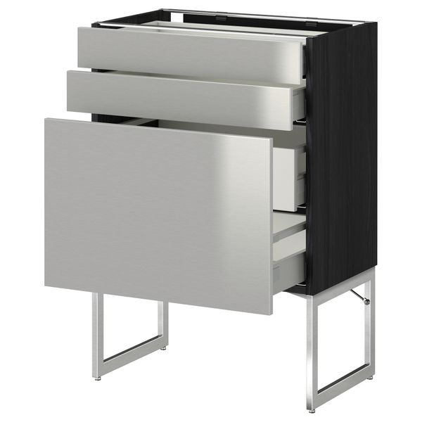 Напольный шкаф 3 фронтальных панели, 2 нижних, 2 средних ящика МЕТОД / МАКСИМЕРА, черный, Гревста нержавеющ сталь - схема-чертеж с размерами