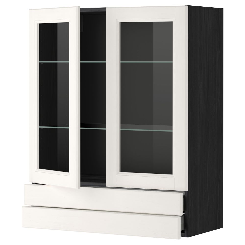 Навесной шкаф, 2 стеклянные дверцы, 2 ящика МЕТОД / МАКСИМЕРА, черный, Лаксарби белый - фото 1