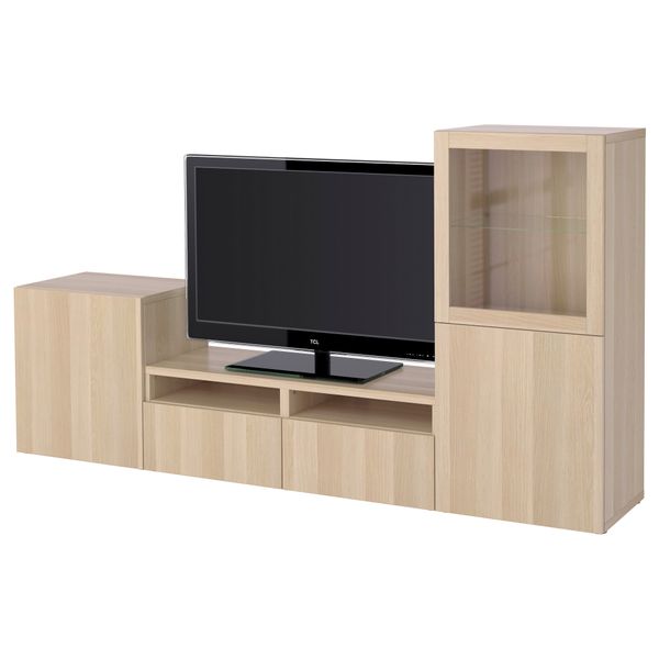 Шкаф для ТВ, комбинированный, стекляные дверцы БЕСТО, Лаппвикен, Синдвик под беленый дуб, прозрачное стелко (240x40x128 см) - фото 1