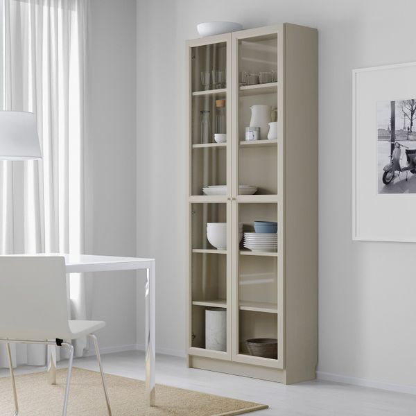 Шкаф книжный со стеклянными дверьми, бежевый, 80x30x202 см IKEA БИЛЛИ 803.842.21 - фото 4