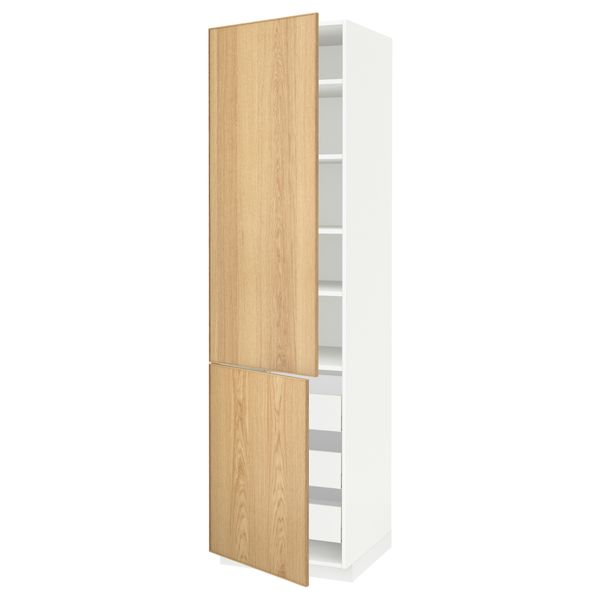 Высокий шкаф + полки, 3 ящика, 2 дверцы МЕТОД / МАКСИМЕРА, белый, Экестад дуб - схема-чертеж с размерами