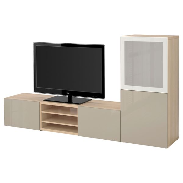 Шкаф для ТВ, комбинированный, стекляные дверцы БЕСТО, под беленый дуб, Сельсвикен глянцевый/бежевый матовое стекло (240x40x128 - фото 1