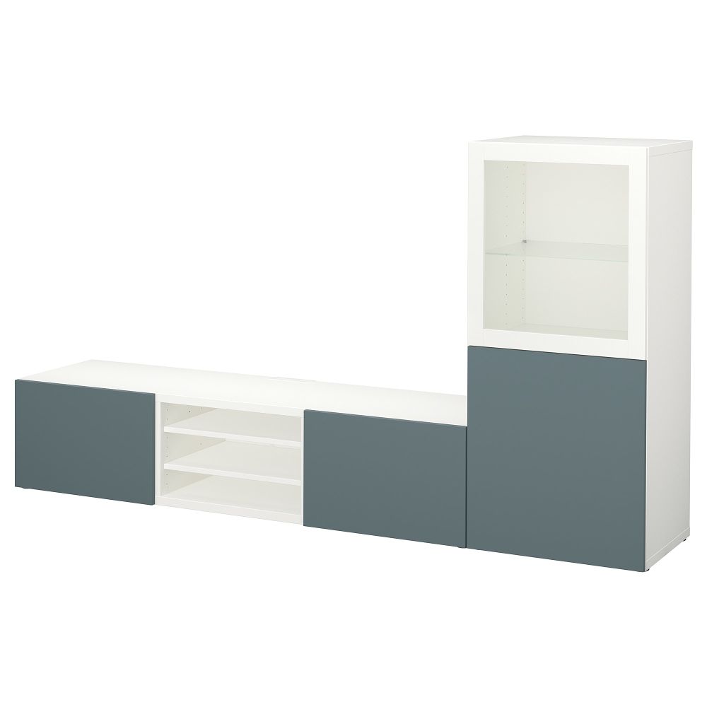 Шкаф для ТВ, комбинированный, стекляные дверцы БЕСТО, белый, Вальвикен серо-бирюзовый, прозрачное стекло (240x40x128 см) - фото 1