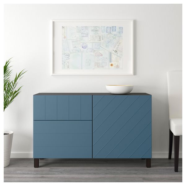 Комбинация для хранения с дверцами, ящиками БЕСТО, черно-коричневый, Халлставик темно-синий (120x40x74 см) - схема-чертеж с размерами