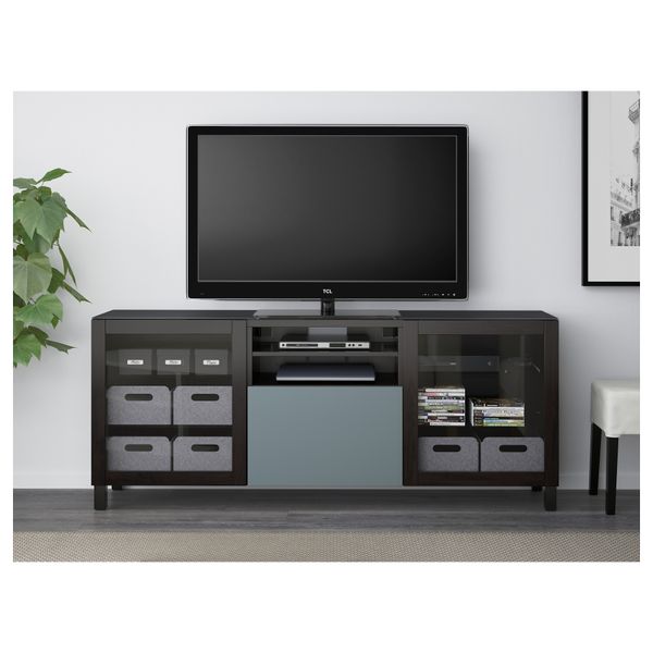 Тумба под ТВ БЕСТО, черно-коричневый, Вальвикен серо-бирюзовый, прозрачное стекло (180x40x74 см) - схема-чертеж с размерами