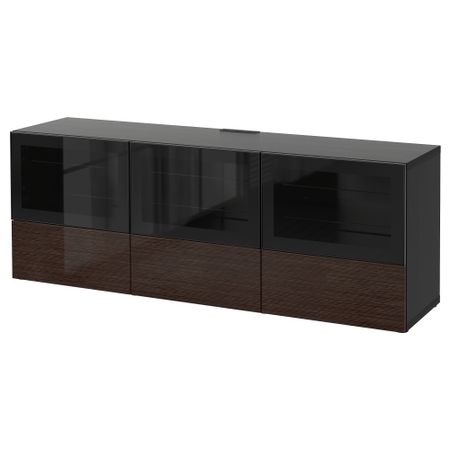 Тумба под ТВ, с дверцами и ящиками БЕСТО, черно-коричневый, Сельсвикен глянцевый/коричневый прозрач стекло (180x40x64 см)
