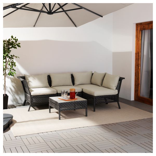 Садовый угловой диван 3 + 1 КУНГСХОЛЬМЕН, черно-коричневый, Холло бежевый бежевый (142/222x80x73 см) - фото 2