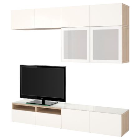 Шкаф для ТВ, комбинированный, стекляные дверцы БЕСТО, под беленый дуб, Сельсвикен глянцевый/белый матовое стекло (240x40x230 см)