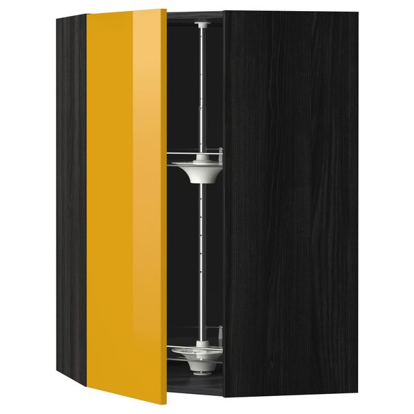 Угловой навесной шкаф с вращающейся секцией МЕТОД, черный, Ерста желтый - схема-чертеж с размерами