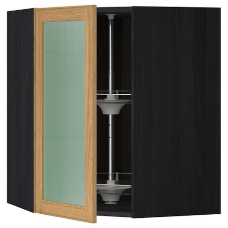 Угловой навесной шкаф с вращающающейся секцией, стеклянными дверцами МЕТОД, черный, Экестад дуб