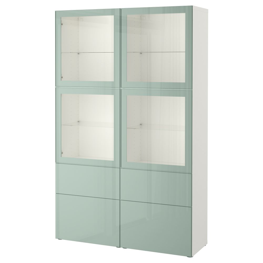 Комбинация для хранения со стеклянными дверцами БЕСТО, белый Сельсвикен, глянцевый/серо-зеленый светлый прозрачное стекло - фото 1