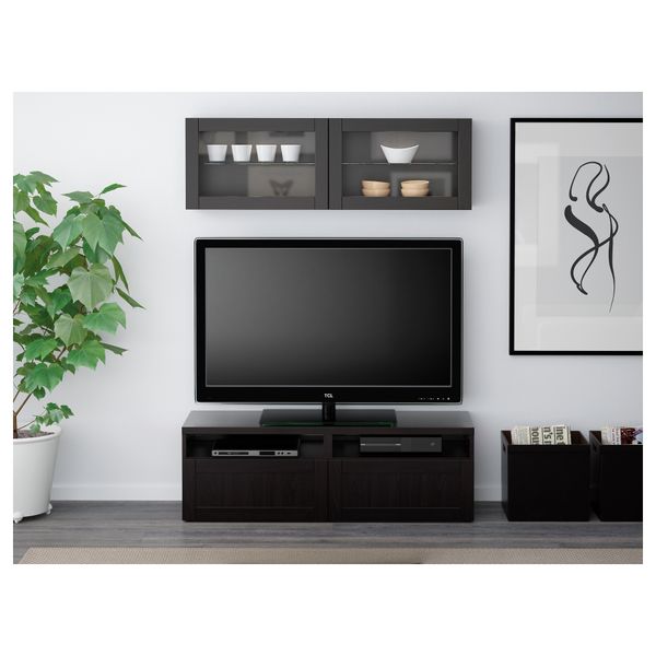 Шкаф для ТВ, комбинированный, стекляные дверцы БЕСТО, Ханвикен, Синдвик черно-коричневый прозрачное стекло (120x20/40x166 см) - фото 2