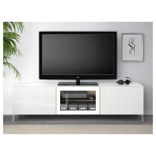 Тумба под ТВ, с дверцами БЕСТО, под беленый дуб, Сельсвикен глянцевый/белый прозрачное стекло - фото 2