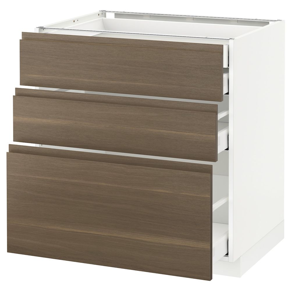 Напольный шкаф 3 фронтальные панели, 2 низких, 1 средний, 1 встроенный ящ, белый/Воксторп грецкий орех 80x60 см IKEA METOD МЕТОД - фото 1